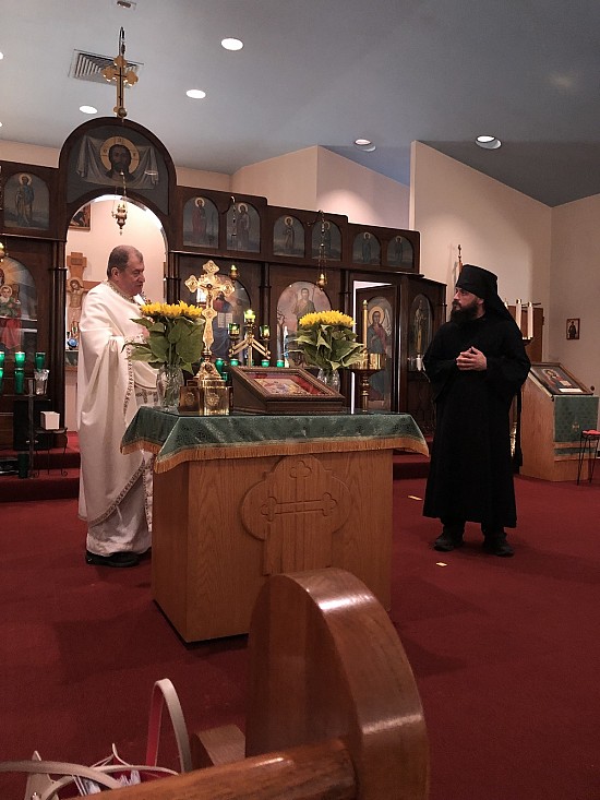 Fr. Sergei formally welcomes Fr. Gregory after Divine Liturgy