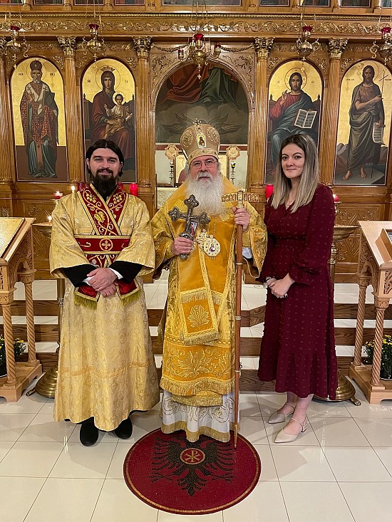 Seminarian Juxhin Shkurti was ordained as a Subdeacon on September 23rd at St. Nicholas Church, Jamaica Estates, NYC at the Special Assembly of the Albanian Archdiocese - from Left to right: Juxhin Shkurti, Metropolitan Tikhon, and Livia Shkurti